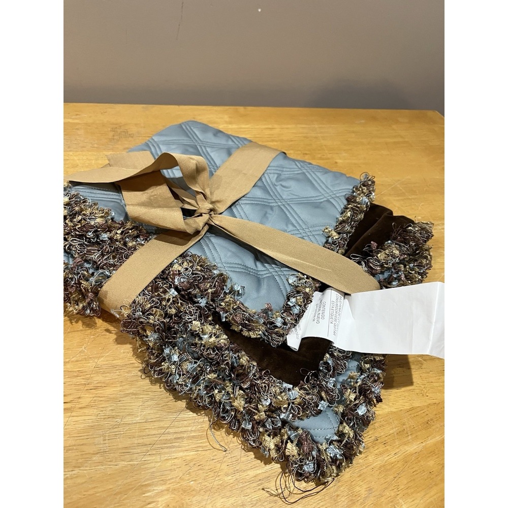 Pier 1 Euro Sham Quilted Aqua Blue Brown‎ Velvet Fringe Reversible